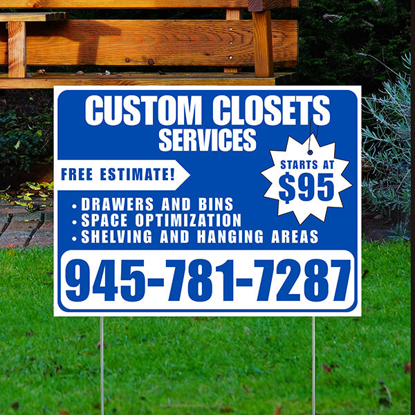 Custom Closets - Space Optimization, Shelving and Hanging Areas, Drawers and Bins with Price Tag - Plain White Blue Design - YardSigns.com
