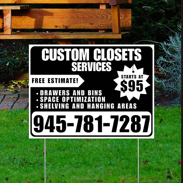 Custom Closets - Space Optimization, Shelving and Hanging Areas, Drawers and Bins with Price Tag - Plain White Black Design - YardSigns.com