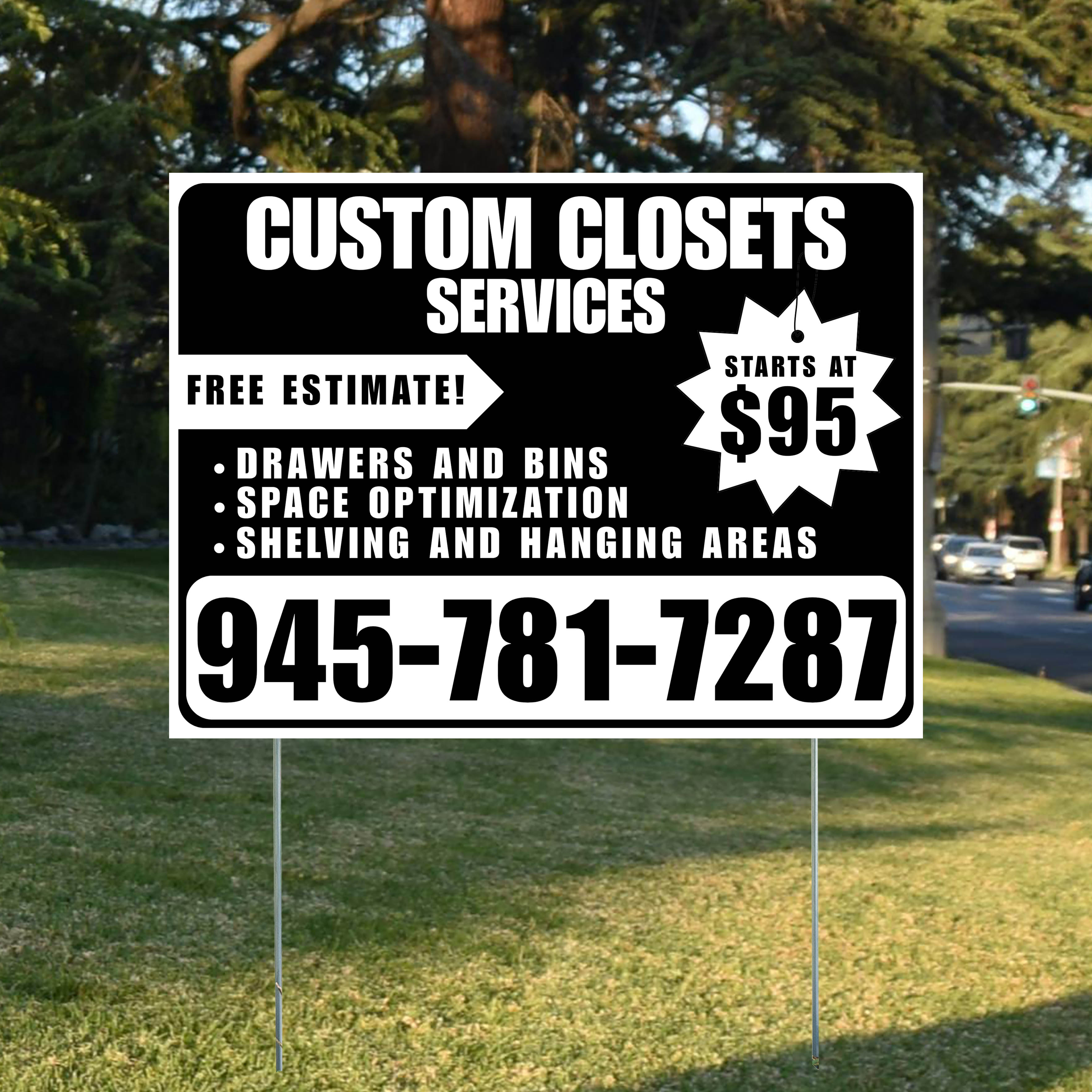Custom Closets - Space Optimization, Shelving and Hanging Areas, Drawers and Bins with Price Tag - Plain White Black Design - YardSigns.com