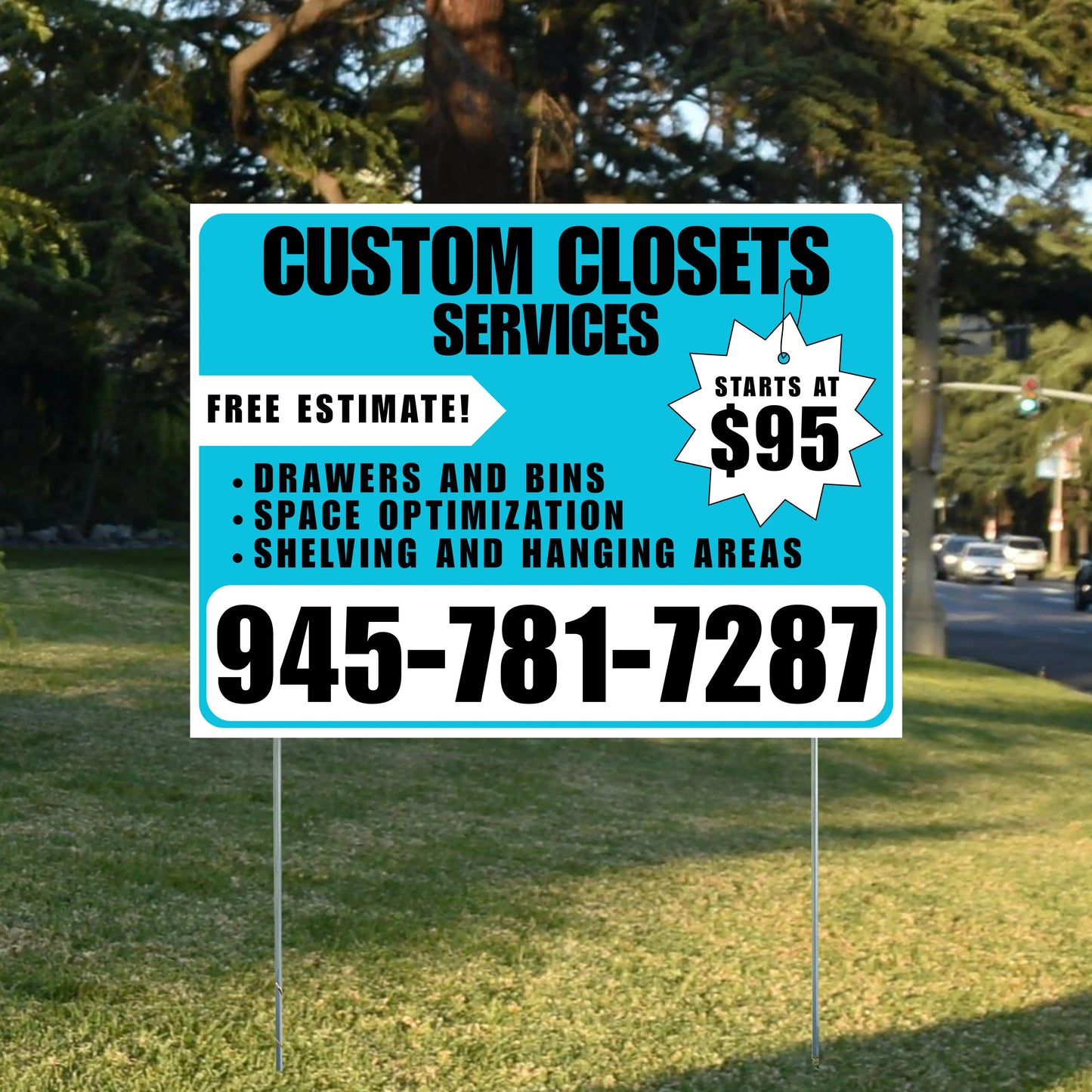 Custom Closets - Space Optimization, Shelving and Hanging Areas, Drawers and Bins with Price Tag - Plain White Aqua Blue Design YardSigns.com