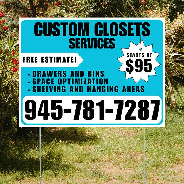 Custom Closets - Space Optimization, Shelving and Hanging Areas, Drawers and Bins with Price Tag - Plain White Aqua Blue Design YardSigns.com