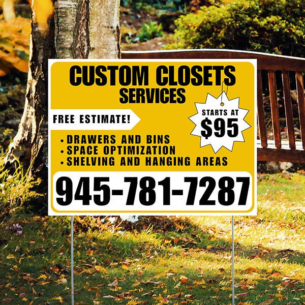 Custom Closets - Space Optimization, Shelving and Hanging Areas, Drawers and Bins with Price Tag - Plain White Mustard Gold Design - YardSigns.com