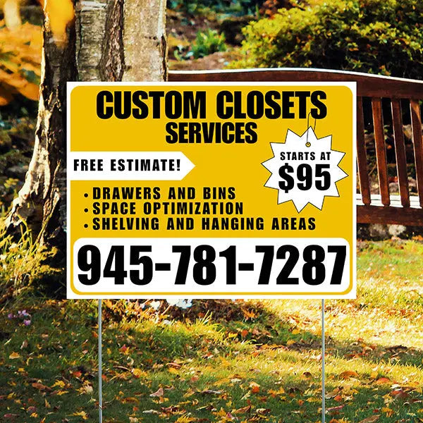 Custom Closets - Space Optimization, Shelving and Hanging Areas, Drawers and Bins with Price Tag - Plain White Mustard Gold Design YardSigns.com