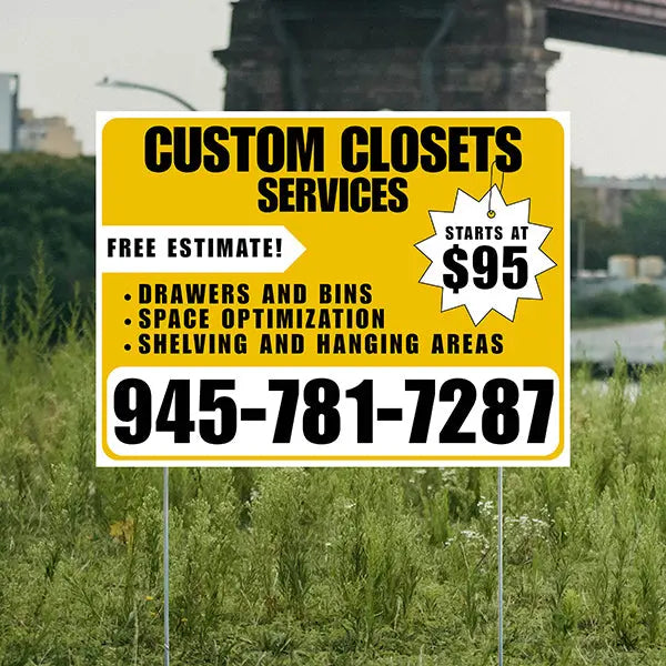 Custom Closets - Space Optimization, Shelving and Hanging Areas, Drawers and Bins with Price Tag - Plain White Mustard Gold Design YardSigns.com