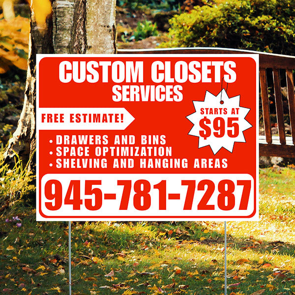 Custom Closets - Space Optimization, Shelving and Hanging Areas, Drawers and Bins with Price Tag - Plain White Chili Red Design - YardSigns.com