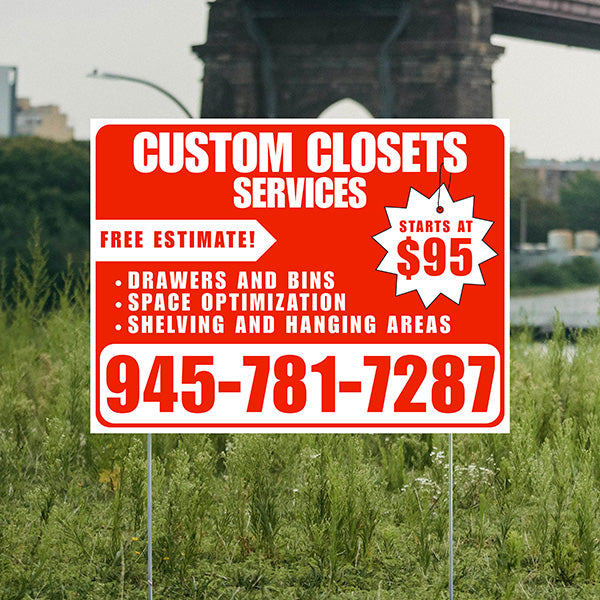 Custom Closets - Space Optimization, Shelving and Hanging Areas, Drawers and Bins with Price Tag - Plain White Chili Red Design - YardSigns.com