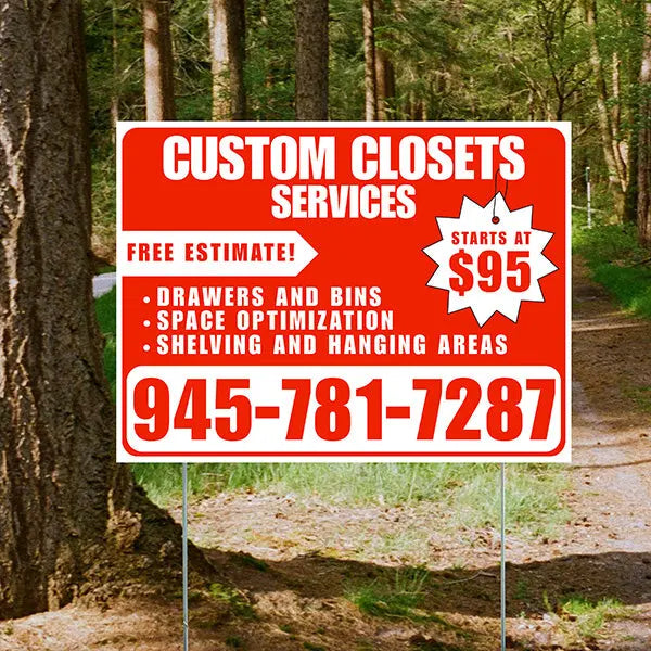Custom Closets - Space Optimization, Shelving and Hanging Areas, Drawers and Bins with Price Tag - Plain White Chili Red Design YardSigns.com