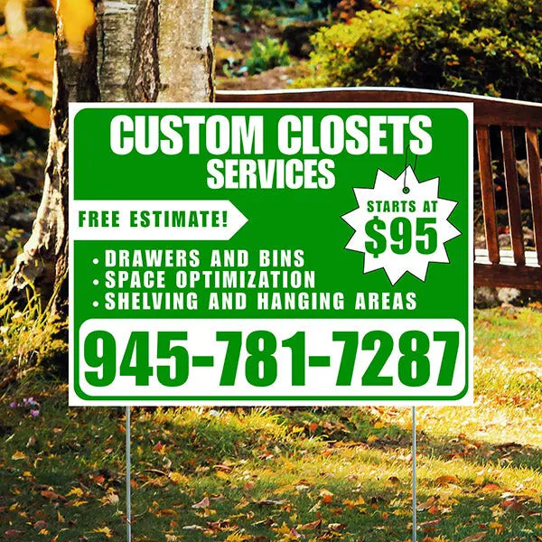 Custom Closets - Space Optimization, Shelving and Hanging Areas, Drawers and Bins with Price Tag - Plain White Green Design YardSigns.com