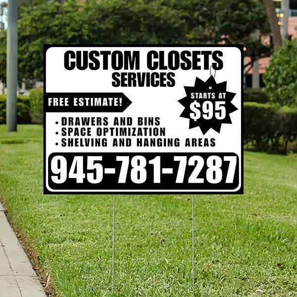 Custom Closets - Space Optimization, Shelving and Hanging Areas, Drawers and Bins with Price Tag - Plain Black White Design - YardSigns.com
