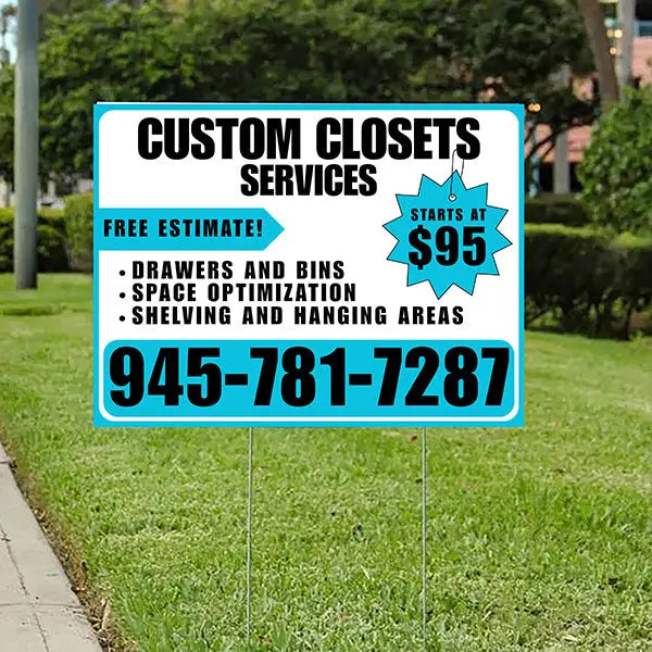 Custom Closets - Space Optimization, Shelving and Hanging Areas, Drawers and Bins with Price Tag - Plain Aqua Blue White Design YardSigns.com