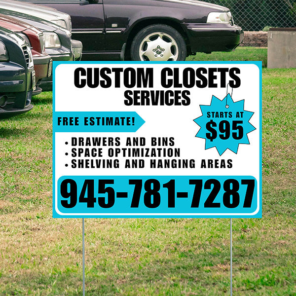 Custom Closets - Space Optimization, Shelving and Hanging Areas, Drawers and Bins with Price Tag - Plain Aqua Blue White Design - YardSigns.com