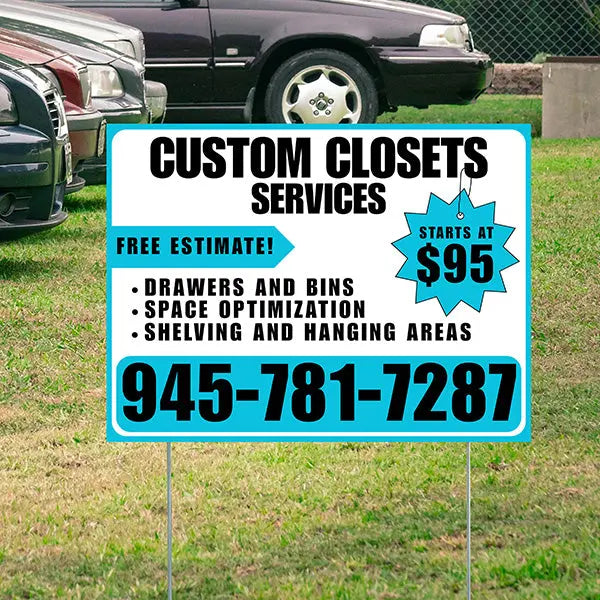 Custom Closets - Space Optimization, Shelving and Hanging Areas, Drawers and Bins with Price Tag - Plain Aqua Blue White Design YardSigns.com