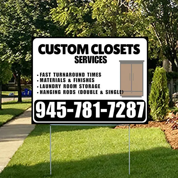 Custom Closets - Space Optimization, Shelving and Hanging Areas, Drawers and Bins with Price Tag - Plain Black White Design YardSigns.com