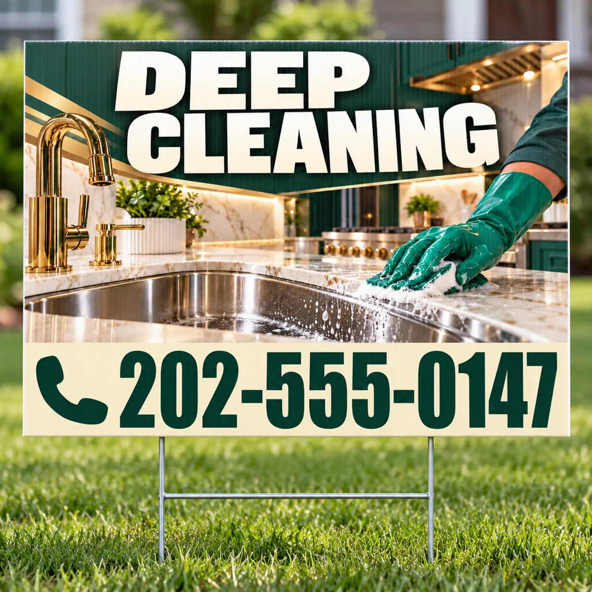 A yard sign displayed on a metal stand in a grassy lawn. The sign features a photo of a hand in a green glove cleaning a kitchen sink, with the text 'DEEP CLEANING' at the top and a phone number '202-555-0147' at the bottom.