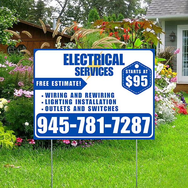 Electricians - Wiring and Rewiring, Lighting Installation, Outlets and Switches with Price Tag - Plain Blue White Design - YardSigns.com