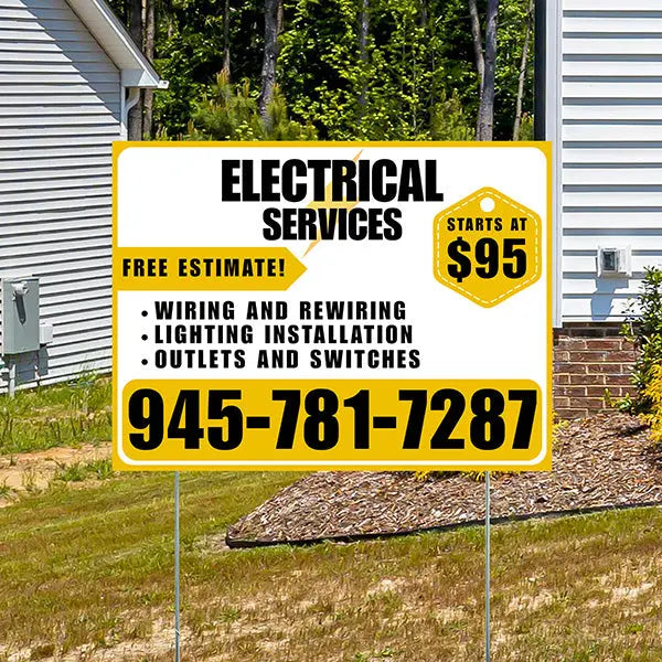 Electricians - Wiring and Rewiring, Lighting Installation, Outlets and Switches with Price Tag - Plain Mustard Gold White Design YardSigns.com
