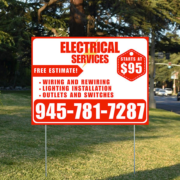 Electricians - Wiring and Rewiring, Lighting Installation, Outlets and Switches with Price Tag - Plain Chili Red White Design - YardSigns.com