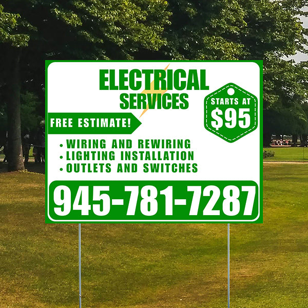 Electricians - Wiring and Rewiring, Lighting Installation, Outlets and Switches with Price Tag - Plain Green White Design - YardSigns.com