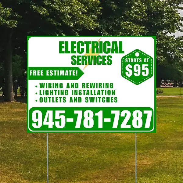 Electricians - Wiring and Rewiring, Lighting Installation, Outlets and Switches with Price Tag - Plain Green White Design YardSigns.com