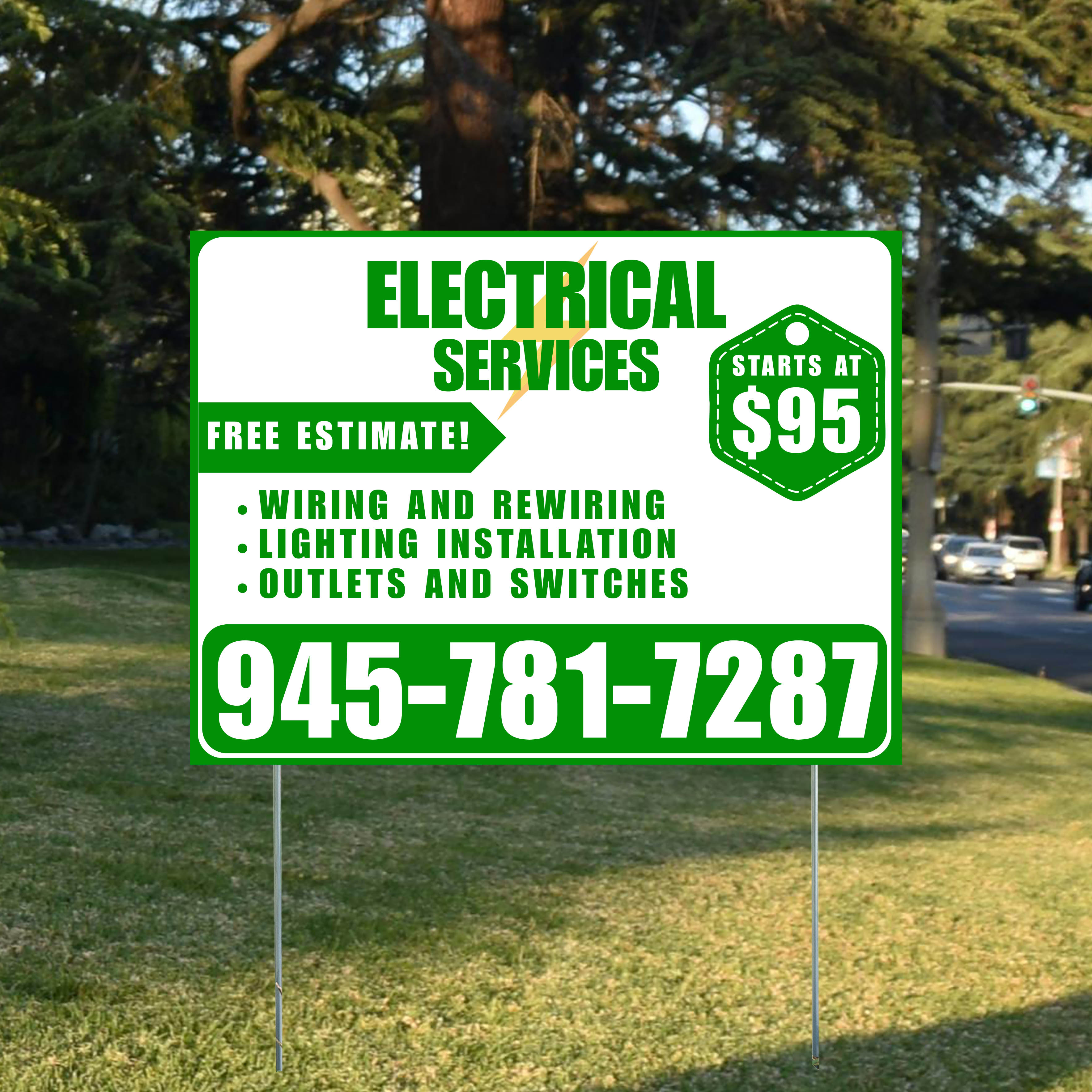 Electricians - Wiring and Rewiring, Lighting Installation, Outlets and Switches with Price Tag - Plain Green White Design - YardSigns.com