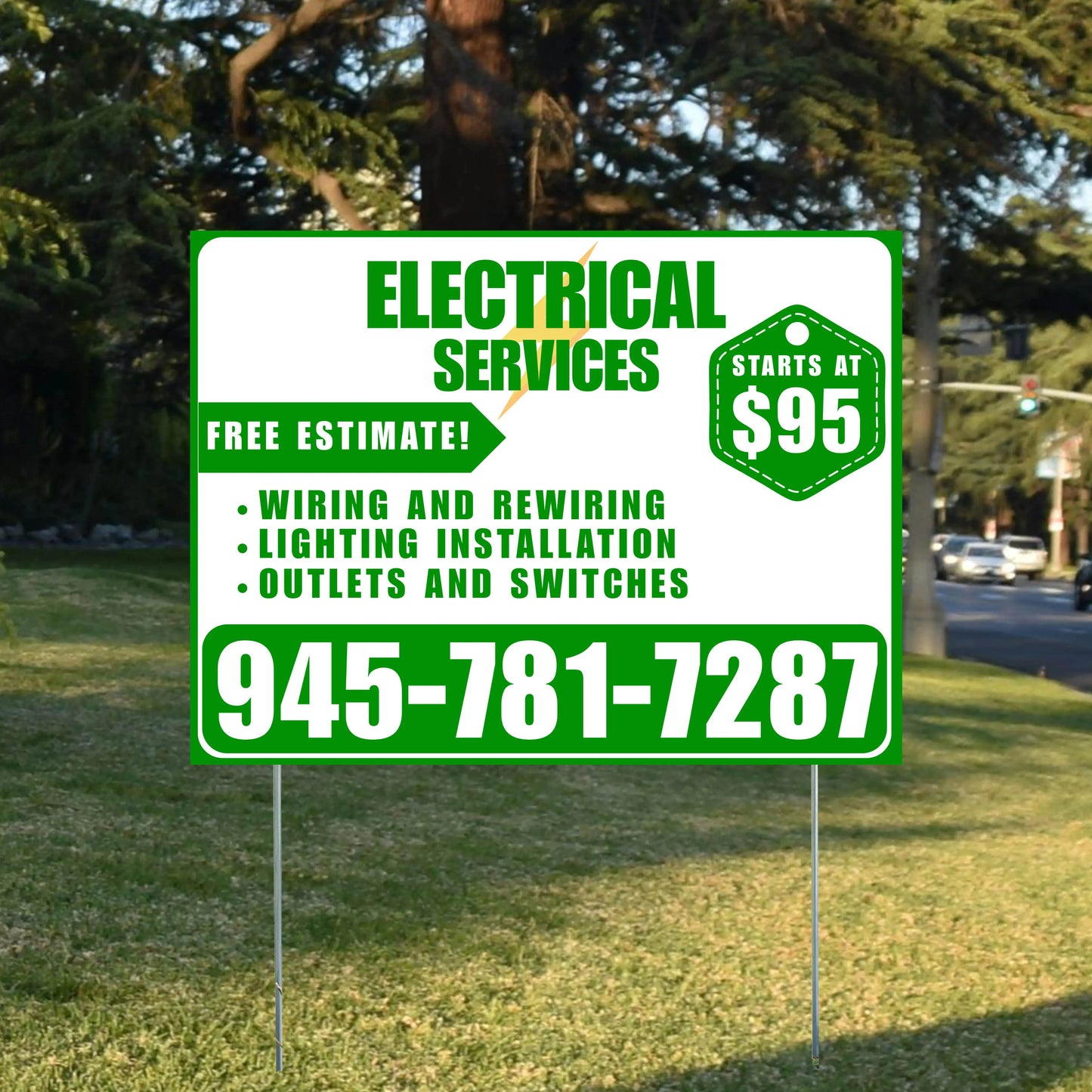 Electricians - Wiring and Rewiring, Lighting Installation, Outlets and Switches with Price Tag - Plain Green White Design YardSigns.com