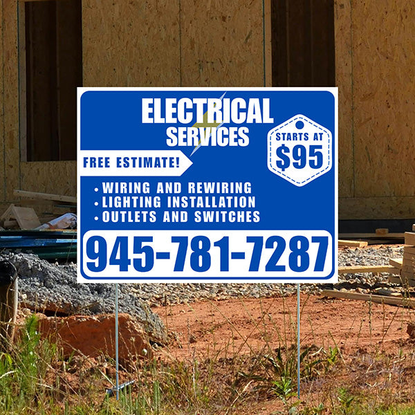 Electricians - Wiring and Rewiring, Lighting Installation, Outlets and Switches with Price Tag - Plain White Blue Design - YardSigns.com