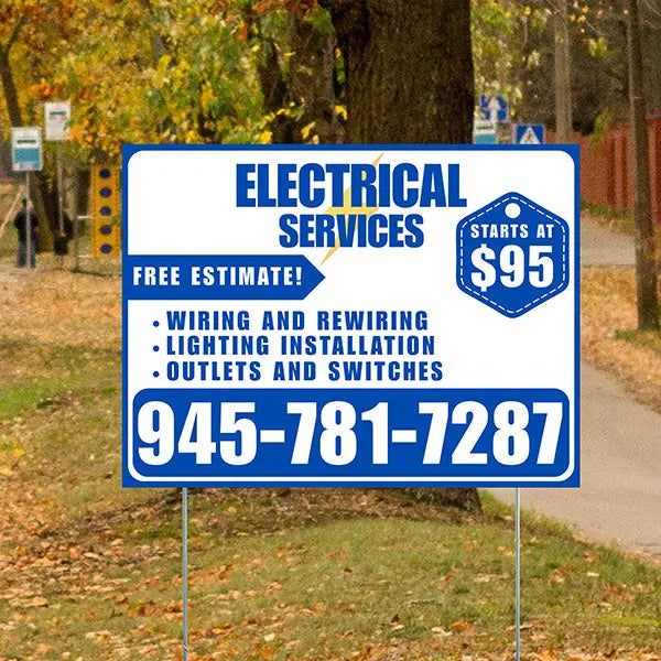 Electricians - Wiring and Rewiring, Lighting Installation, Outlets and Switches with Price Tag - Plain Blue White Design YardSigns.com