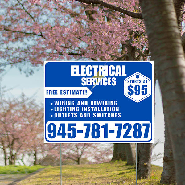 Electricians - Wiring and Rewiring, Lighting Installation, Outlets and Switches with Price Tag - Plain White Blue Design - YardSigns.com