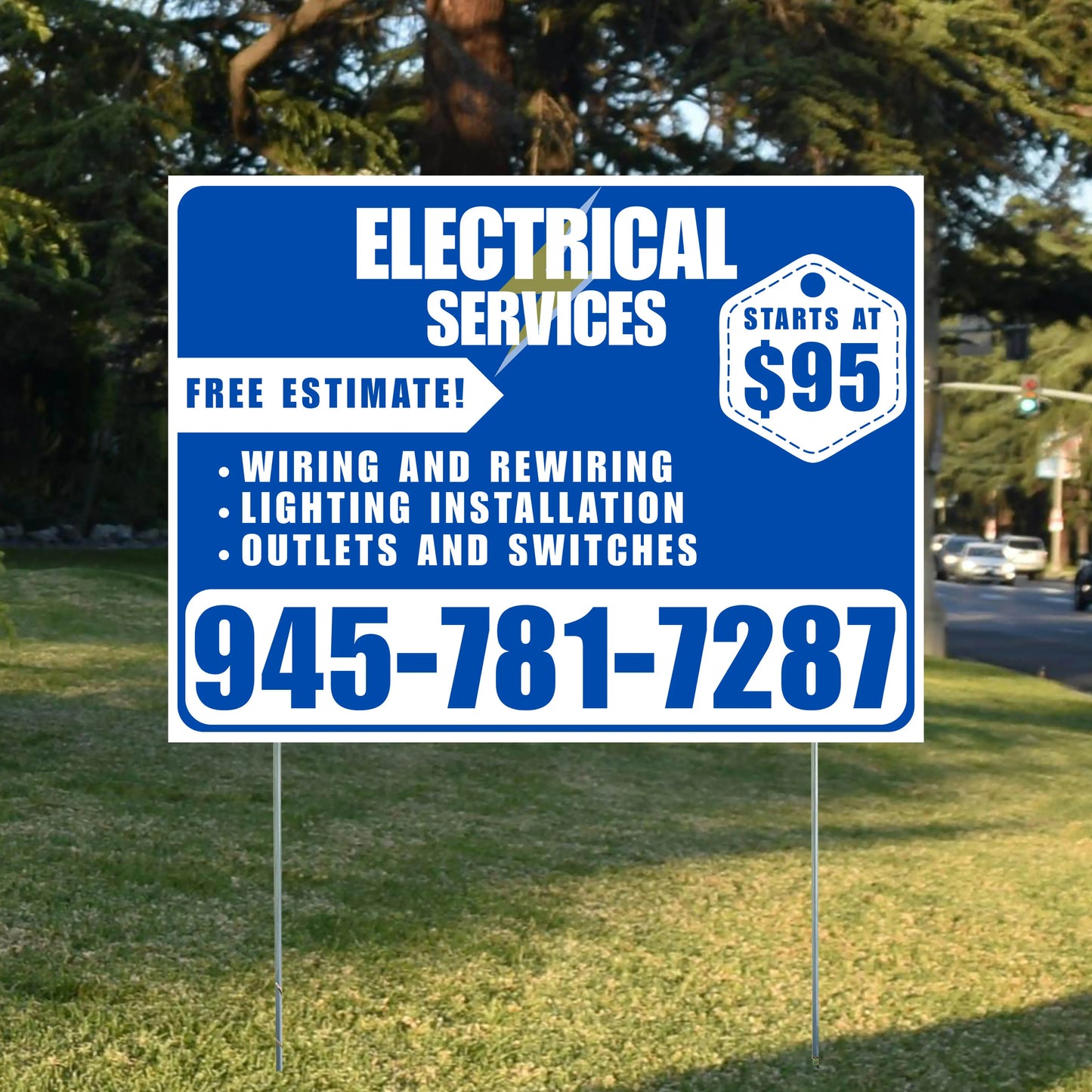 Electricians - Wiring and Rewiring, Lighting Installation, Outlets and Switches with Price Tag - Plain White Blue Design YardSigns.com