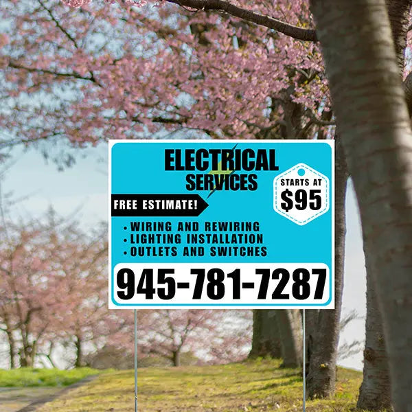 Electricians - Wiring and Rewiring, Lighting Installation, Outlets and Switches with Price Tag - Plain White Aqua Blue Design YardSigns.com