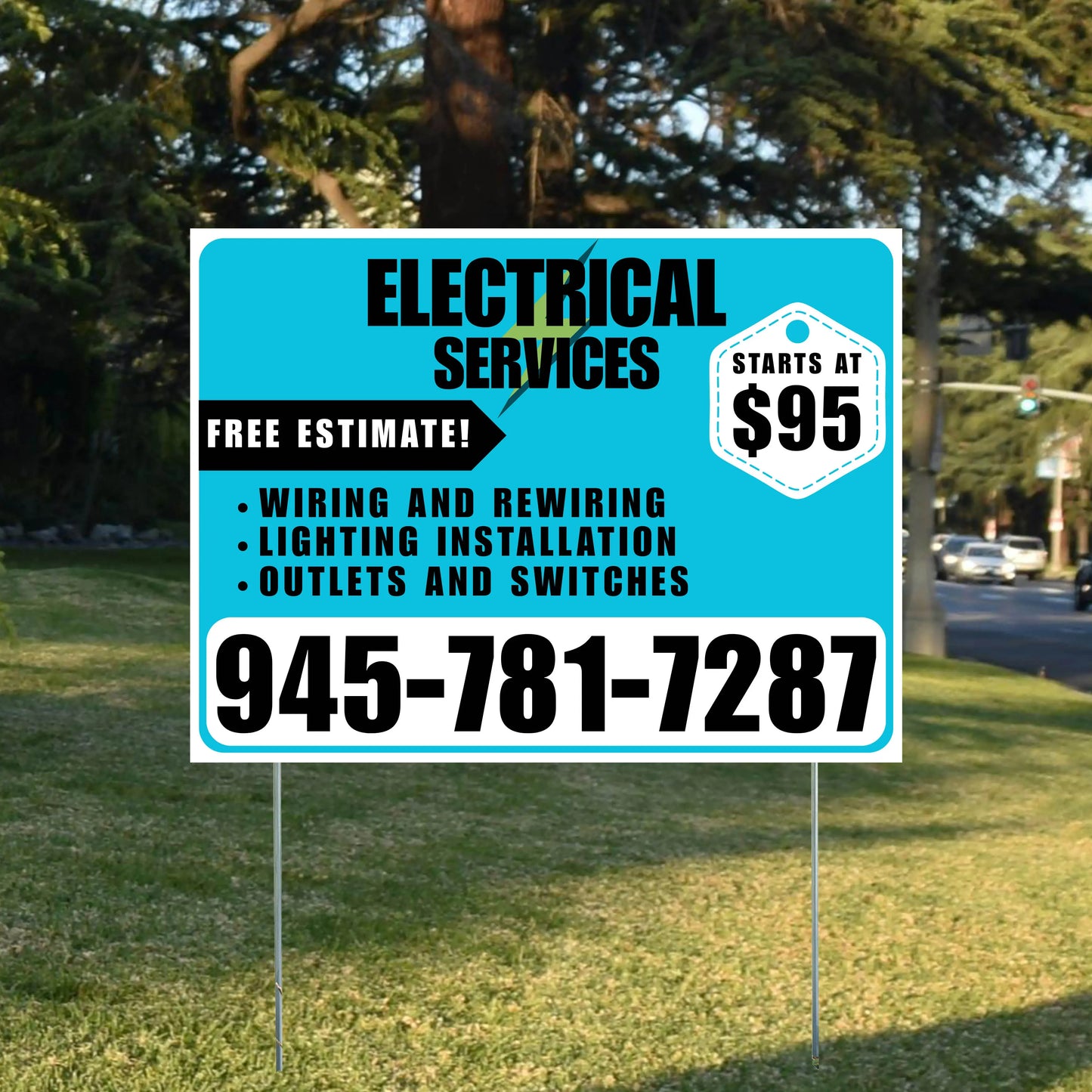 Electricians - Wiring and Rewiring, Lighting Installation, Outlets and Switches with Price Tag - Plain White Aqua Blue Design YardSigns.com