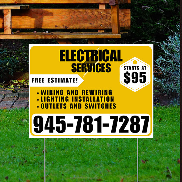 Electricians - Wiring and Rewiring, Lighting Installation, Outlets and Switches with Price Tag - Plain White Mustard Gold Design - YardSigns.com