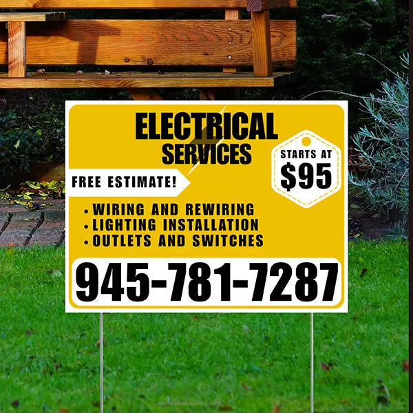 Electricians - Wiring and Rewiring, Lighting Installation, Outlets and Switches with Price Tag - Plain White Mustard Gold Design YardSigns.com