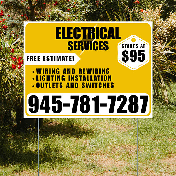 Electricians - Wiring and Rewiring, Lighting Installation, Outlets and Switches with Price Tag - Plain White Mustard Gold Design - YardSigns.com