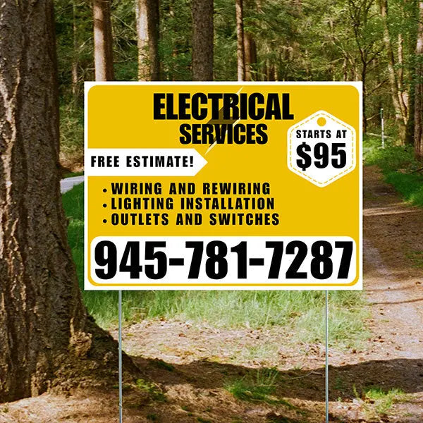 Electricians - Wiring and Rewiring, Lighting Installation, Outlets and Switches with Price Tag - Plain White Mustard Gold Design YardSigns.com