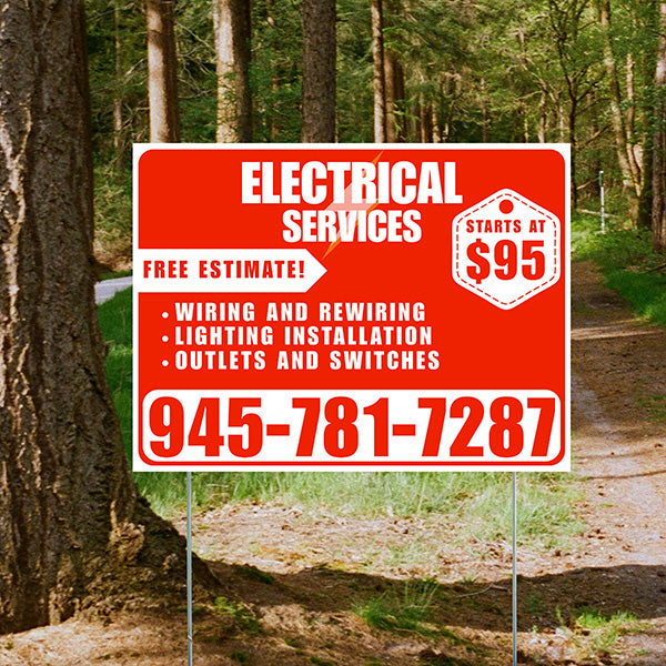 Electricians - Wiring and Rewiring, Lighting Installation, Outlets and Switches with Price Tag - Plain White Chili Red Design - YardSigns.com