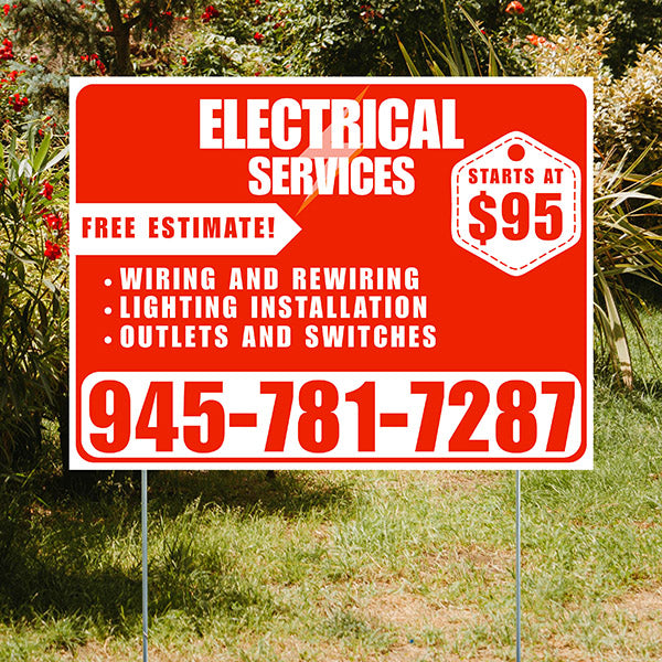 Electricians - Wiring and Rewiring, Lighting Installation, Outlets and Switches with Price Tag - Plain White Chili Red Design - YardSigns.com