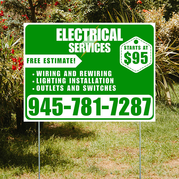 Electricians - Wiring and Rewiring, Lighting Installation, Outlets and Switches with Price Tag - Plain White Green Design - YardSigns.com