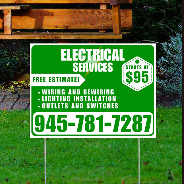 Electricians - Wiring and Rewiring, Lighting Installation, Outlets and Switches with Price Tag - Plain White Green Design - YardSigns.com