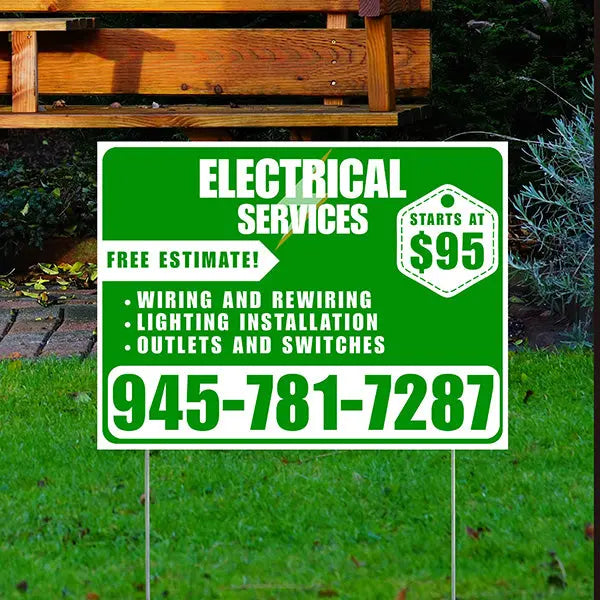 Electricians - Wiring and Rewiring, Lighting Installation, Outlets and Switches with Price Tag - Plain White Green Design YardSigns.com