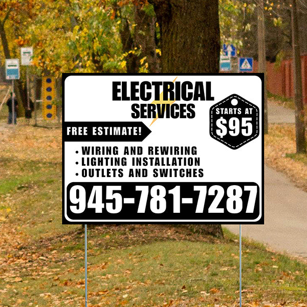 Electricians - Wiring and Rewiring, Lighting Installation, Outlets and Switches with Price Tag - Plain Black White Design - YardSigns.com