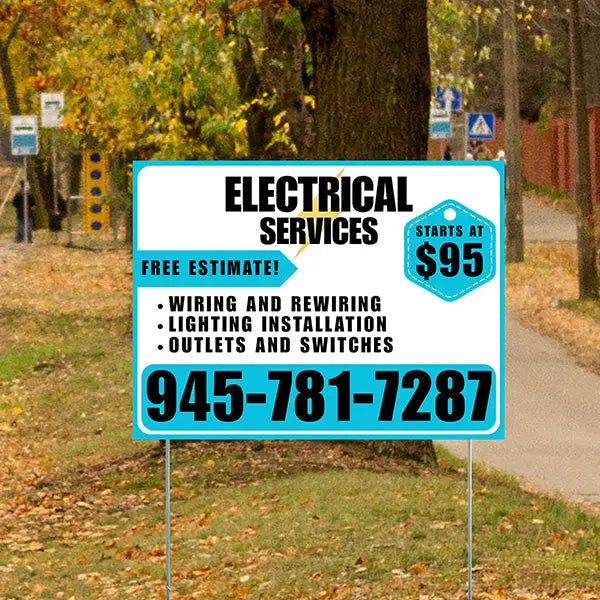 Electricians - Wiring and Rewiring, Lighting Installation, Outlets and Switches with Price Tag - Plain Aqua Blue White Design YardSigns.com