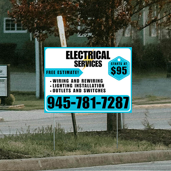 Electricians - Wiring and Rewiring, Lighting Installation, Outlets and Switches with Price Tag - Plain Aqua Blue White Design - YardSigns.com