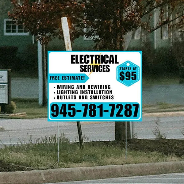 Electricians - Wiring and Rewiring, Lighting Installation, Outlets and Switches with Price Tag - Plain Aqua Blue White Design YardSigns.com