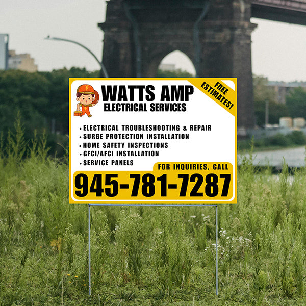 Electricians - Electrical troubleshooting & repair, Surge protection installation, Home safety inspections, GFCI/AFCI installation, Service panels - Free Estimates! - Plain Mustard Gold White Design - YardSigns.com
