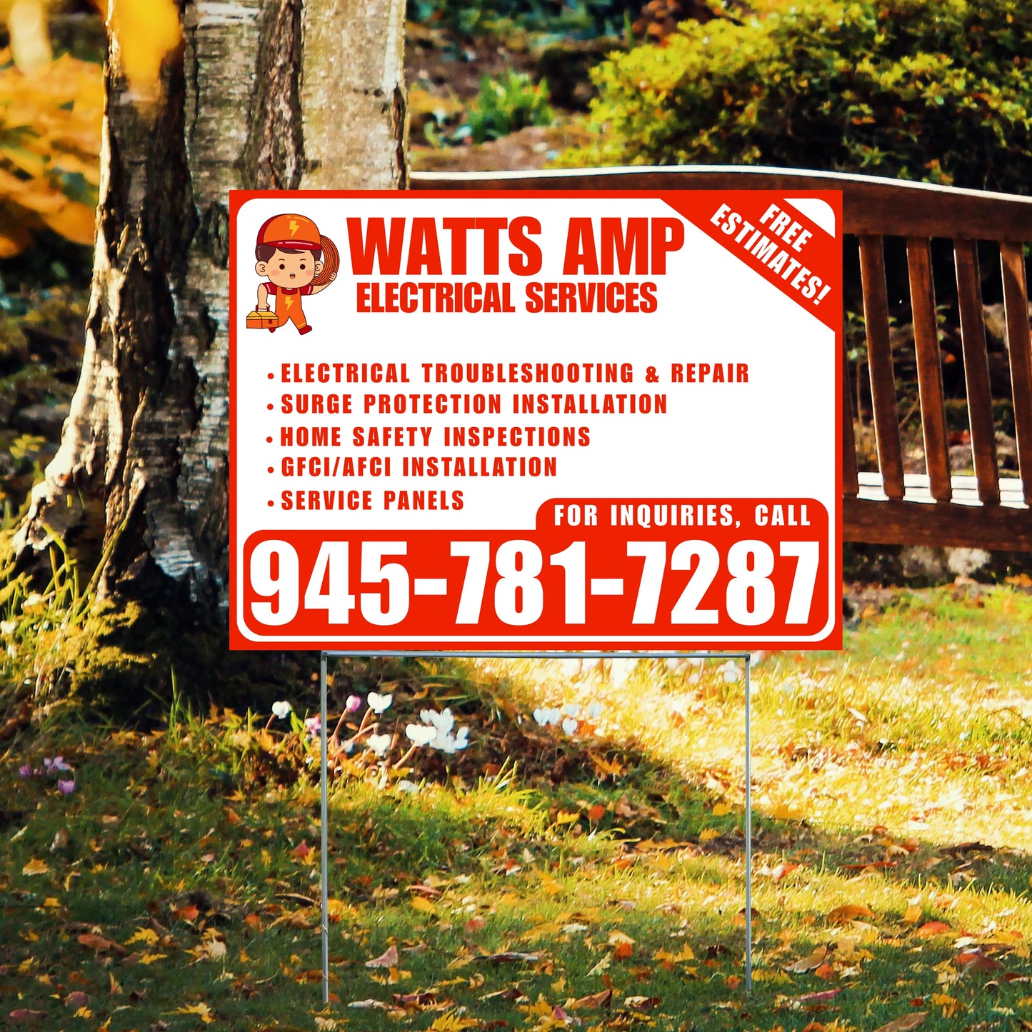 Electricians - Electrical troubleshooting & repair, Surge protection installation, Home safety inspections, GFCI/AFCI installation, Service panels - Free Estimates! - Plain Chili Red White Design - YardSigns.com