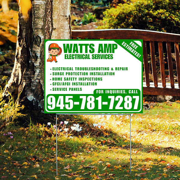 Electricians - Electrical troubleshooting & repair, Surge protection installation, Home safety inspections, GFCI/AFCI installation, Service panels - Free Estimates! - Plain Green White Design - YardSigns.com
