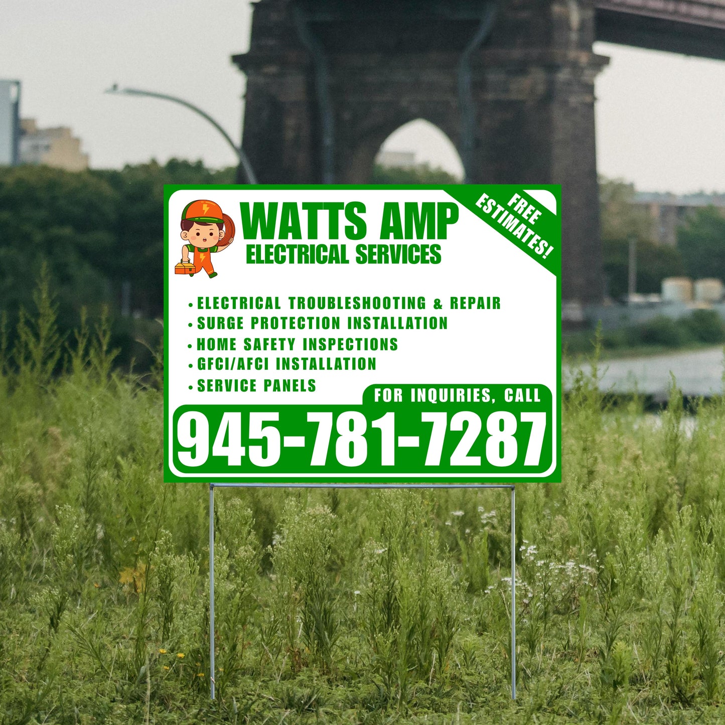 Electricians - Electrical troubleshooting & repair, Surge protection installation, Home safety inspections, GFCI/AFCI installation, Service panels - Free Estimates! - Plain Green White Design - YardSigns.com