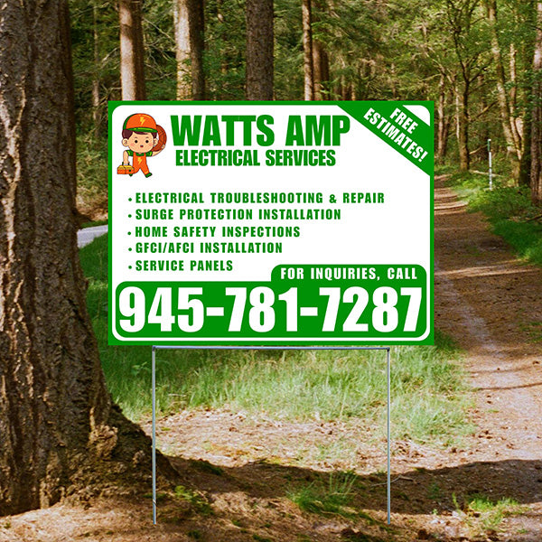 Electricians - Electrical troubleshooting & repair, Surge protection installation, Home safety inspections, GFCI/AFCI installation, Service panels - Free Estimates! - Plain Green White Design - YardSigns.com