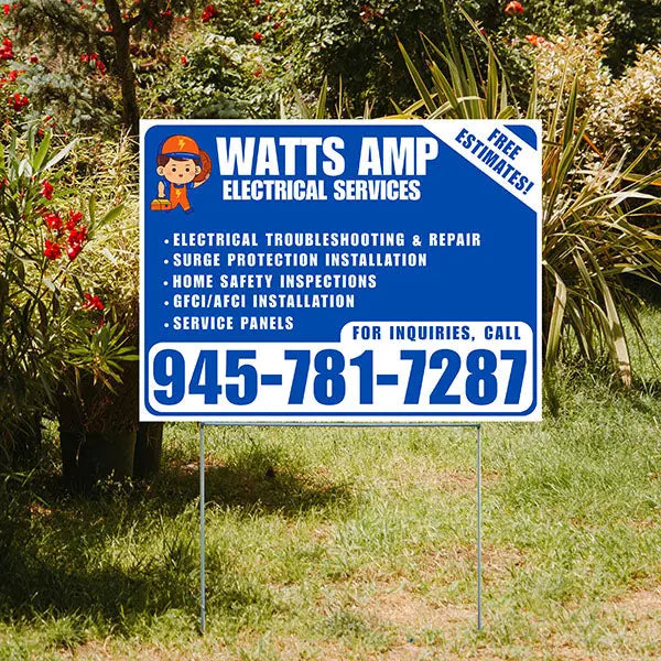 Electricians - Electrical troubleshooting & repair, Surge protection installation, Home safety inspections, GFCI/AFCI installation, Service panels - Free Estimates! - Plain White Blue Design - YardSigns.com